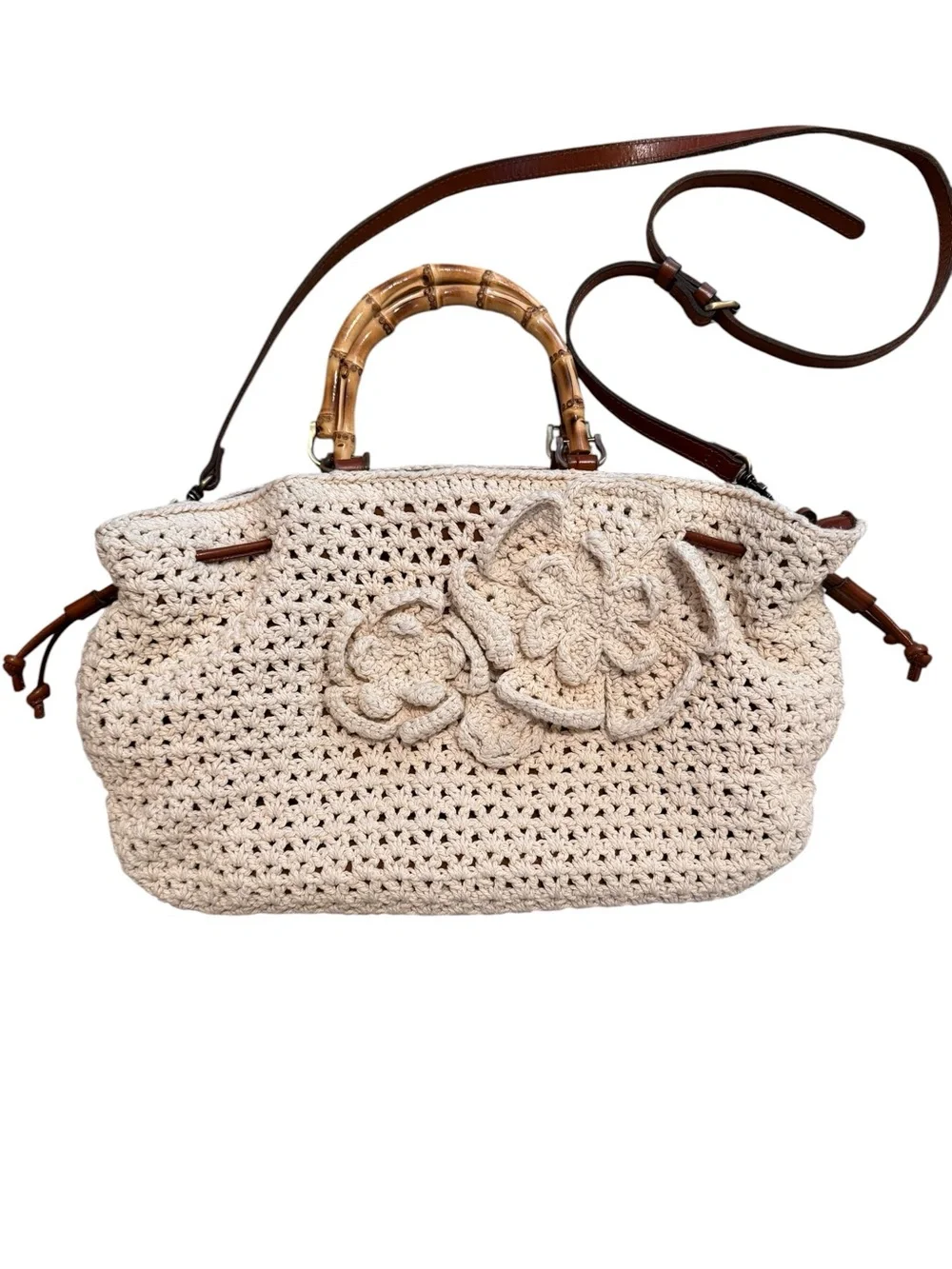 Patricia Nash Cantinella Crochet Bag Large Satchel Natural Ivory Floral Applique